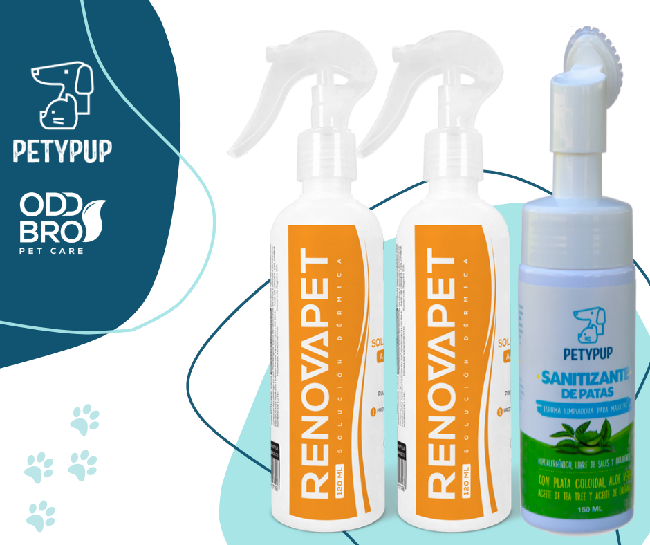 Pague 2 Renovapet Tópico y Lleve GRATIS 1 Espuma limpiadora y desinfectante para patas de perros y gatos petypup